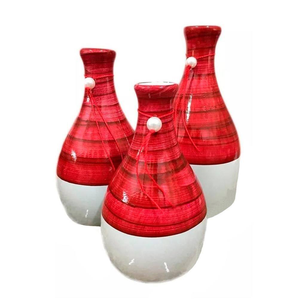Kit 3 Vasos Garrafas Belly Cerâmica De Sala Decor Vermelha