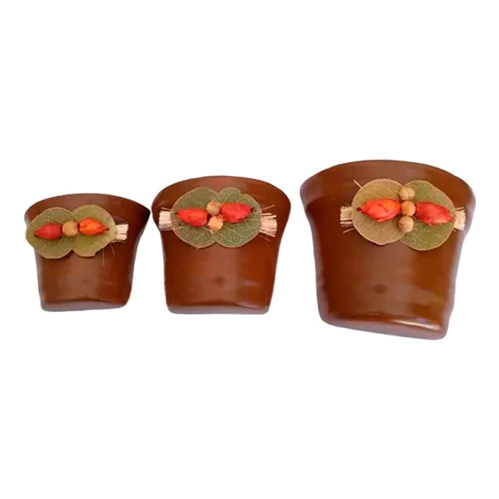 Vasos Trio Meia Lua Cerâmica De Parede Vertical Marrom