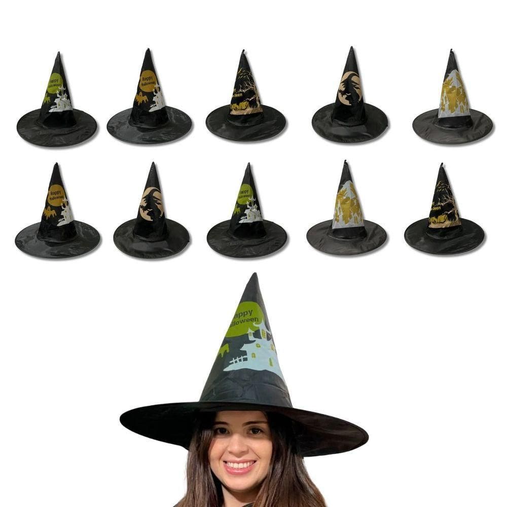 Kit 10 Chapéu Preto De Bruxa Happy Halloween