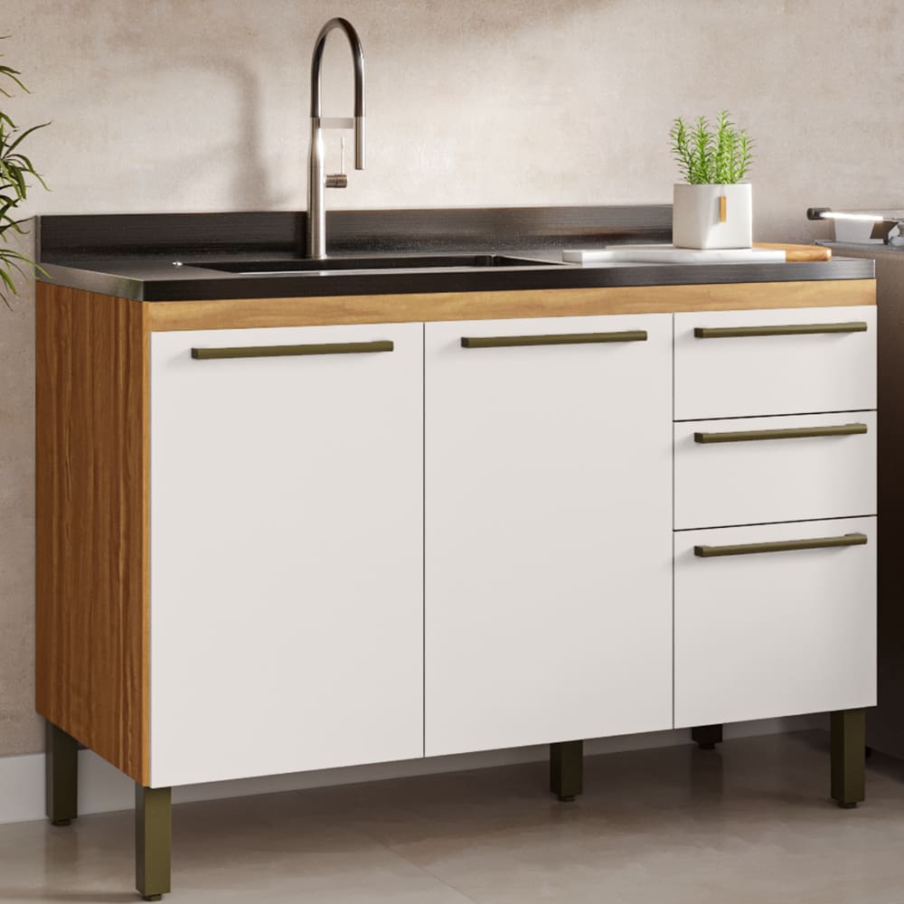 Balcão de Cozinha para Pia 3 portas Gavetas 100% MDF Nápoli Prime