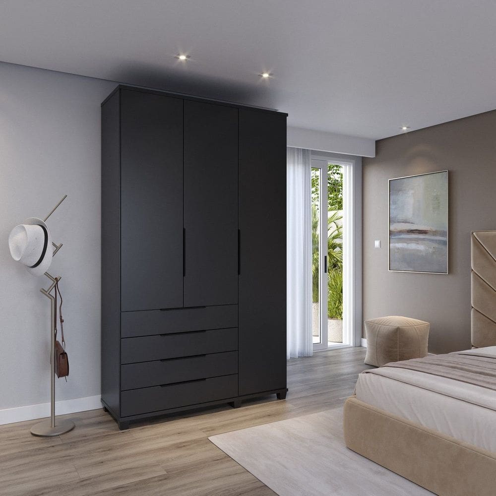 Guarda-roupa Solteiro 3 Portas 4 Gavetas 100% Mdf Allen 136,9 Cm Preto Fosco