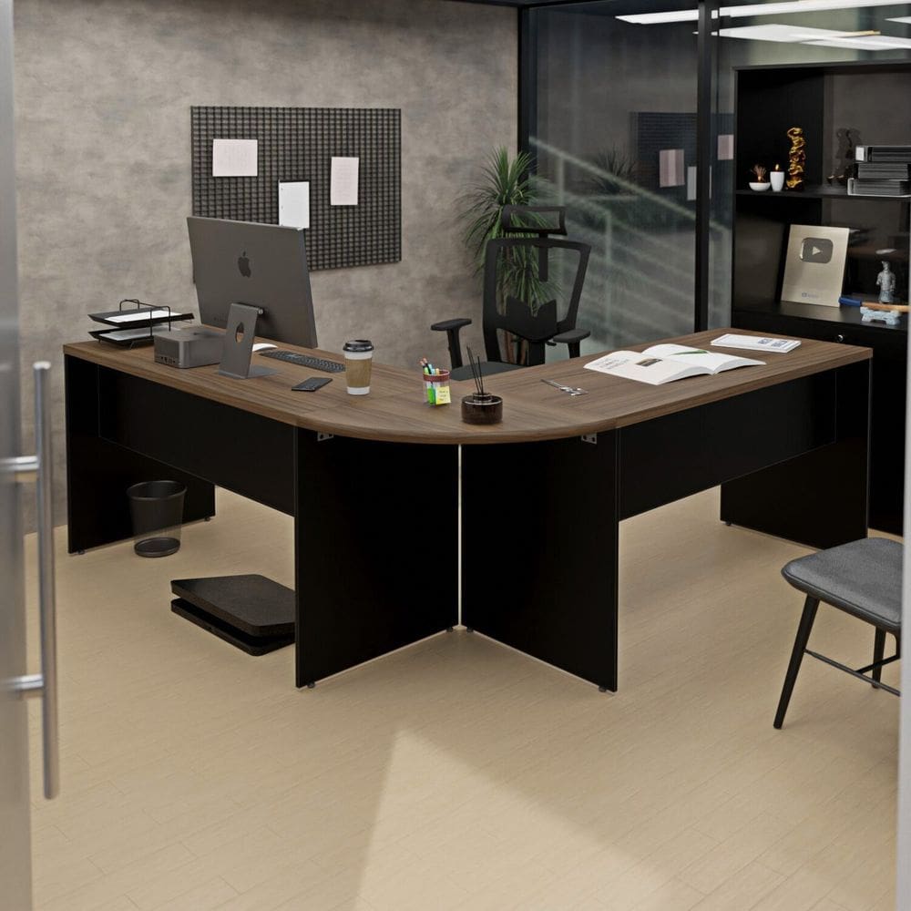 Mesa Escrivaninha em L Canto Arredondado 140x60cm Nogal/Preto