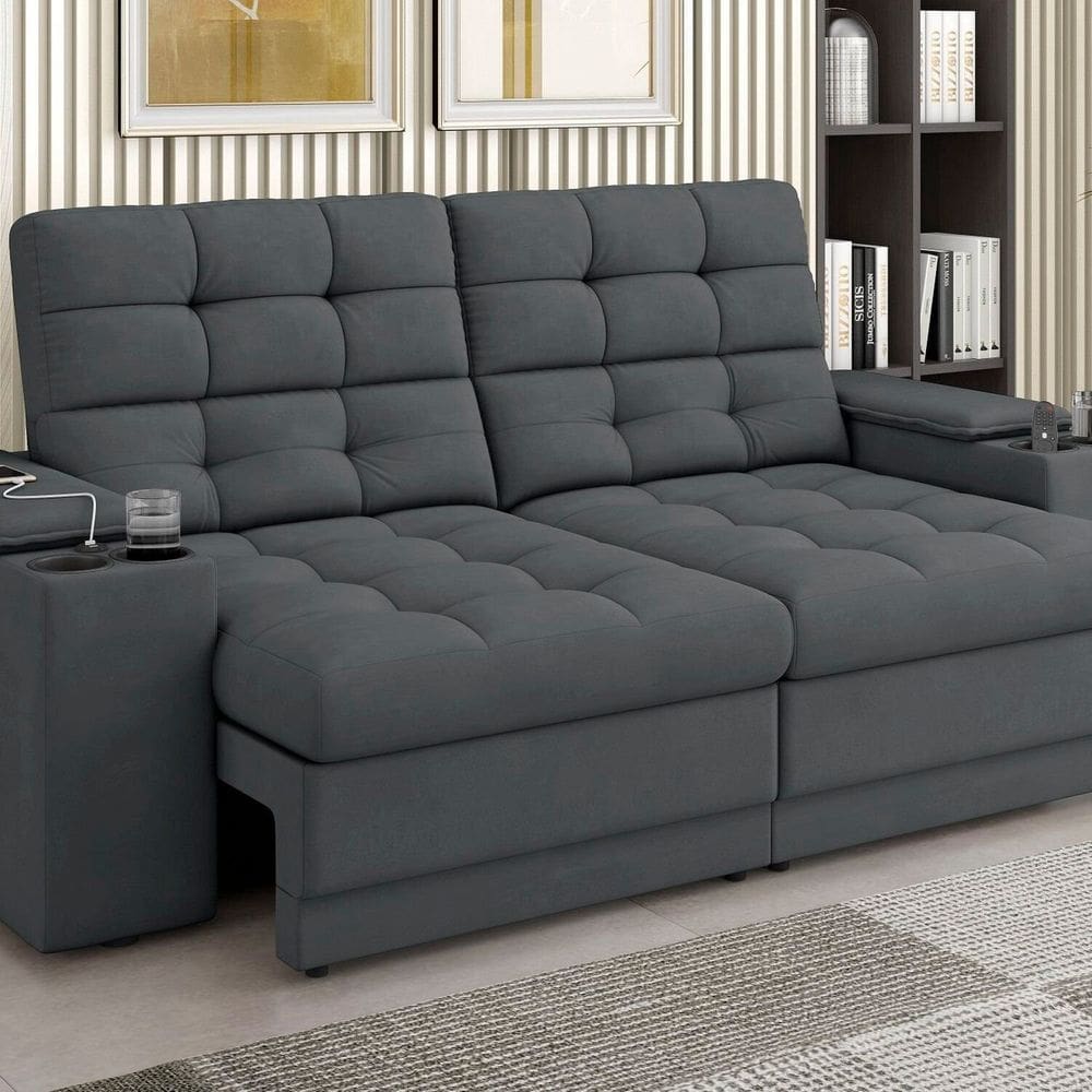 Sofá Kansas Vel Copo/usb 205 Cm Retrátil e Reclinável 3 Lugares Cinza