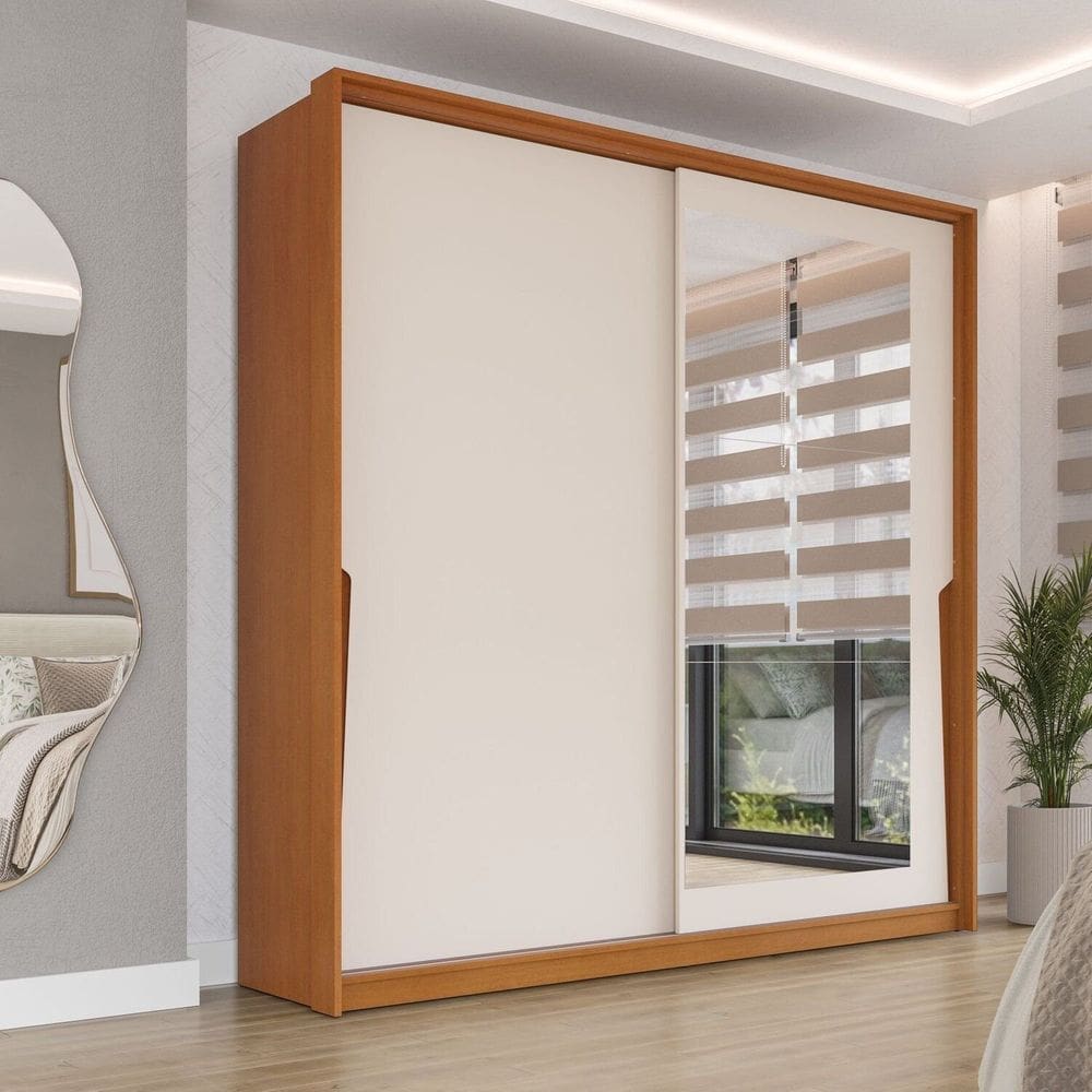 Guarda Roupa 2 Portas de Correr 2 Gavetas com Espelho Porto Freijo/Creme