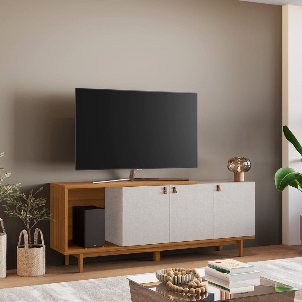 Bancada com Pé de Madeira e Porta Basculante Off White/Freijó Trend