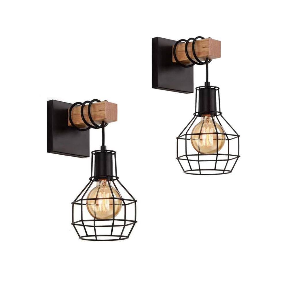 Conjunto de arandelas de parede Vintage Charm Industrial Black Metal Wood