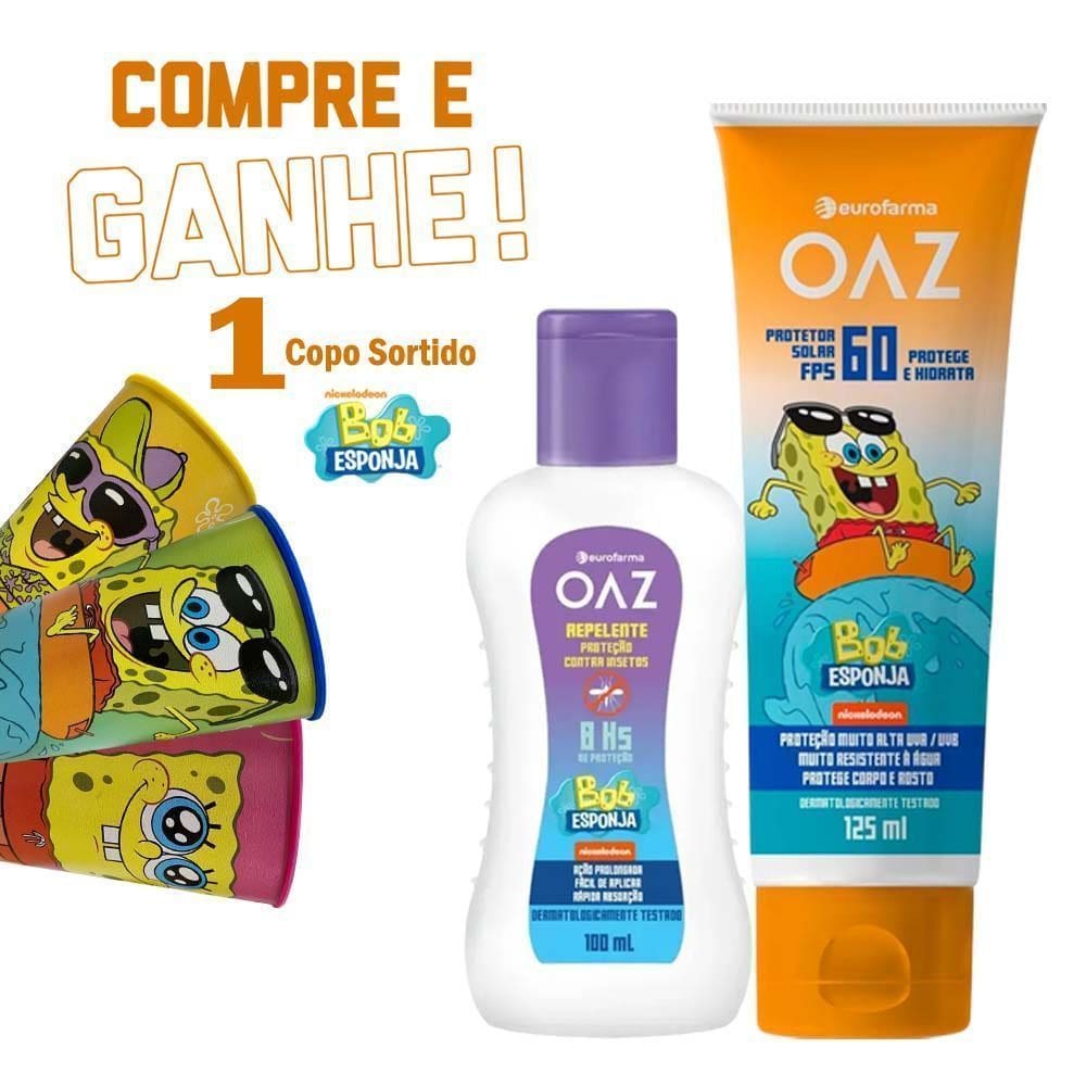 KIT Protetor Solar OAZ Kids Bob Esponja FPS 60 125ml + Repelente Infantil OAZ Bob Esponja 8h Proteção 100ml