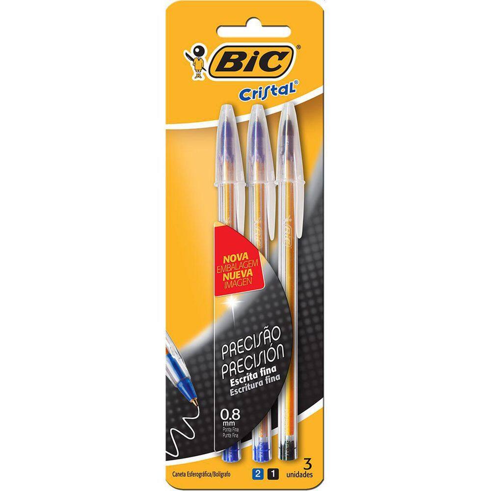 Caneta Esferográfica Bic Cristal Fina 2 Azuis + 1 Preta