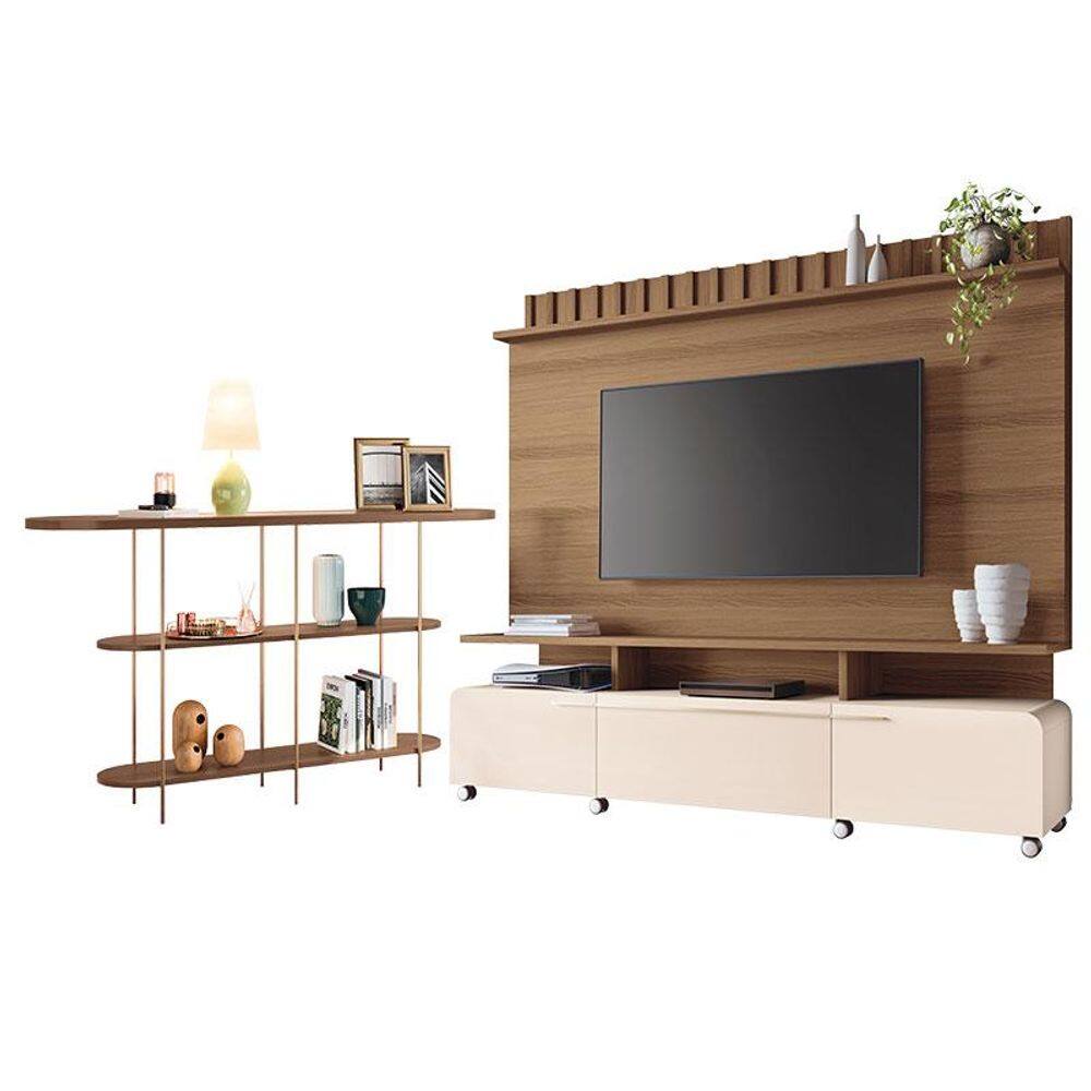 Estante Home Theater Artís Off White Castanho e Aparador Infinity Castanho – HB Móveis