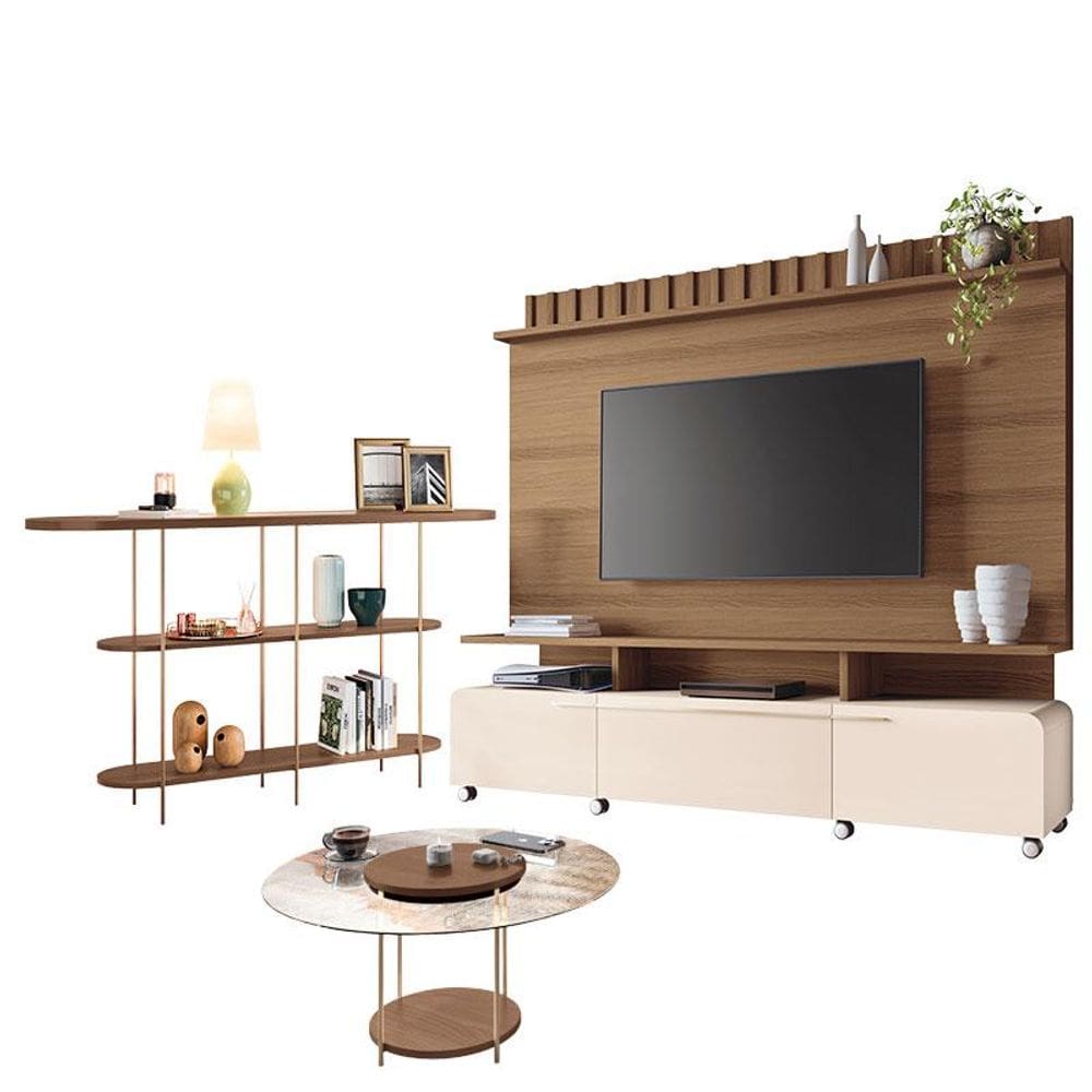 Estante Home Theater Artís Off White Castanho e Aparador Infinity Castanho e Mesa de Centro Sky com tampo de vidro Castanho – HB Móveis