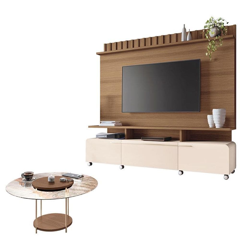 Estante Home Theater Artís Off White Castanho e Mesa de Centro Sky com Tampo de Vidro Castanho – HB Móveis