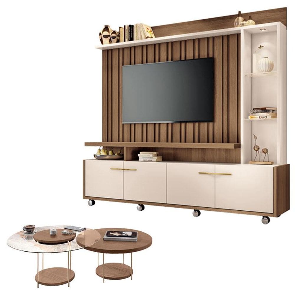 Estante Home Theater Titan Off White Castanho e Kit Mesa de Centro sky Castanho - HB Móveis