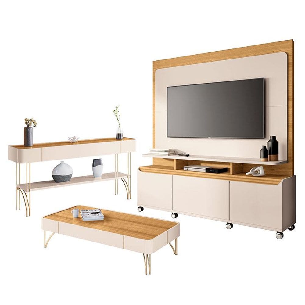Estante Home Theater Quantum e Aparador Vivant e Mesa de Centro Cadenza Off White Cinamomo– HB Móveis