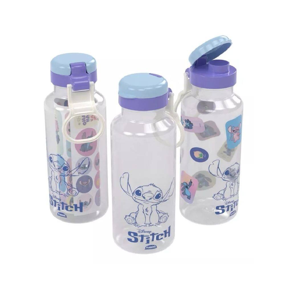 Kit 03 Garrafa Squeeze Fun Abre Fácil Stitch 600 Ml Com Cartela de Adesivo Plasútil kwaii Personagem Fofo