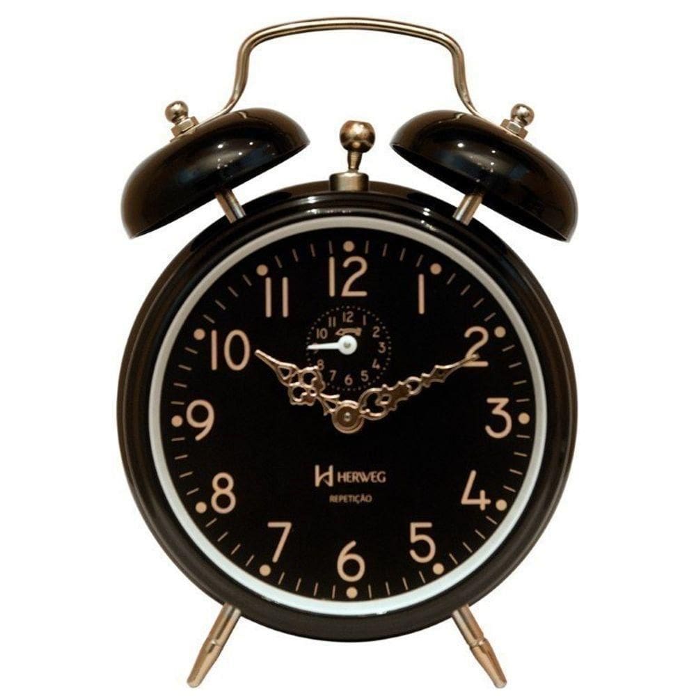 Relógio Despertador Preto Dourado Retrô Cordas Herweg