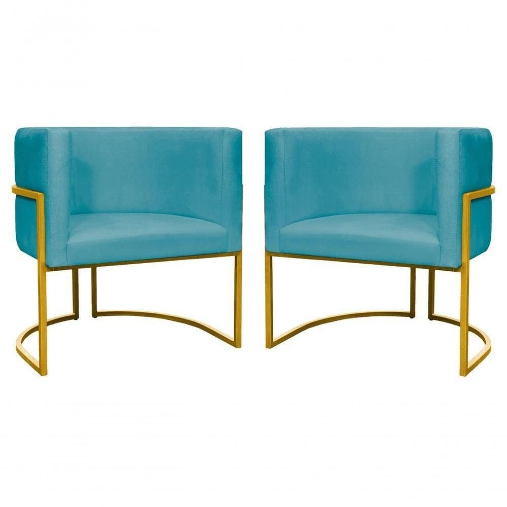 Kit 2 Poltronas Decorativa Luxo Base De Metal Dourada Escritório Recepção Sala Suede Verde Agua Eli Móveis E Decoração