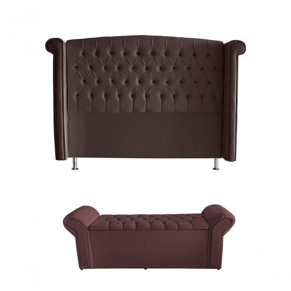 Kit Realeza Cabeceira De Cama Box E Calçadeira Baú King 195 Cm Suede Rosê Eli Móveis