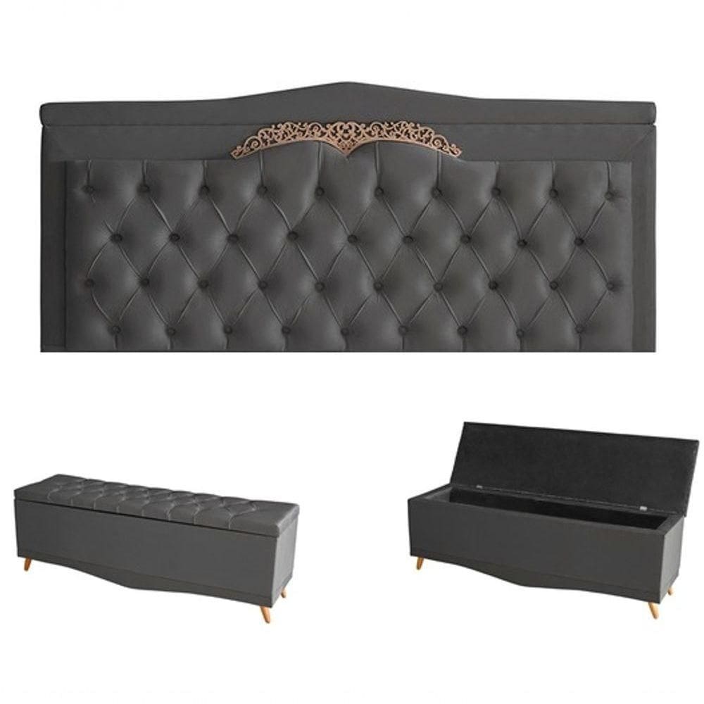 Kit Helena Cabeceira De Cama Painel E Calçadeira Baú Queen 160 Cm Suede Grafite Eli Móveis E Decoração