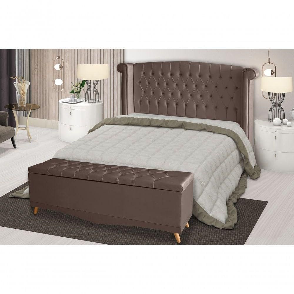 Kit Cabeceira De Cama Box E Calçadeira Baú Malibu Casal 140 Cm Suede Rosê Eli Móveis