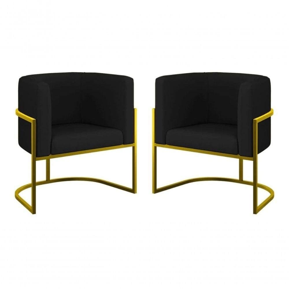 Kit 2 Poltronas Decorativa Luxo Base De Metal Dourada Escritório Recepção Sala Suede Preto Eli Móveis E Decoração