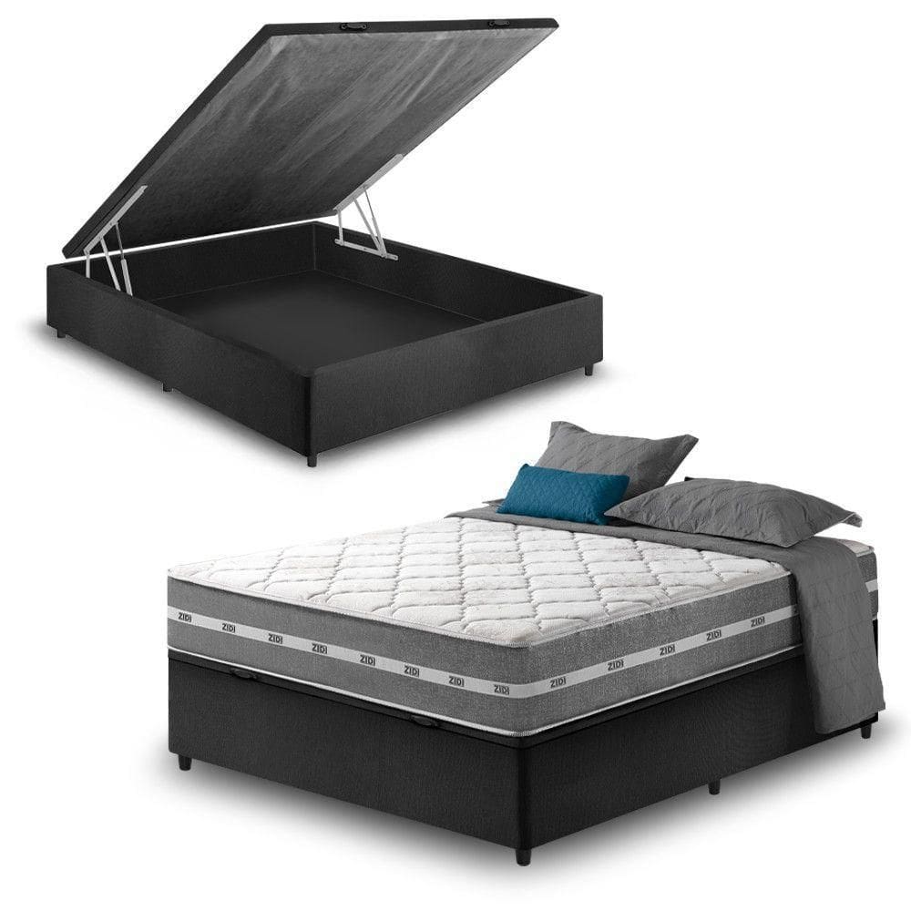 Cama Box Com Baú Viúva Preto + Colchão Molas Ensacadas Miami Cinza Com Preto