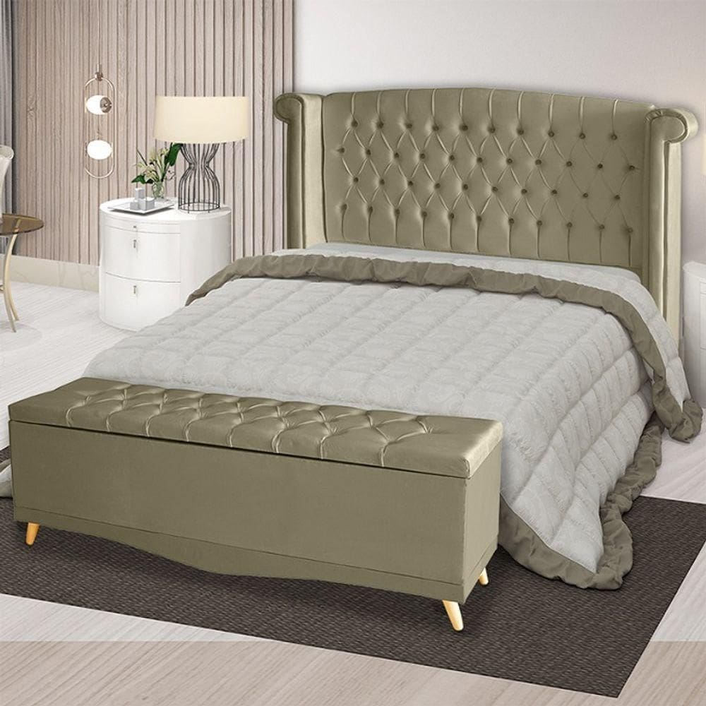 Kit Cabeceira De Cama Box E Calçadeira Baú Malibu Casal 140 Cm Suede Bege Eli Móveis