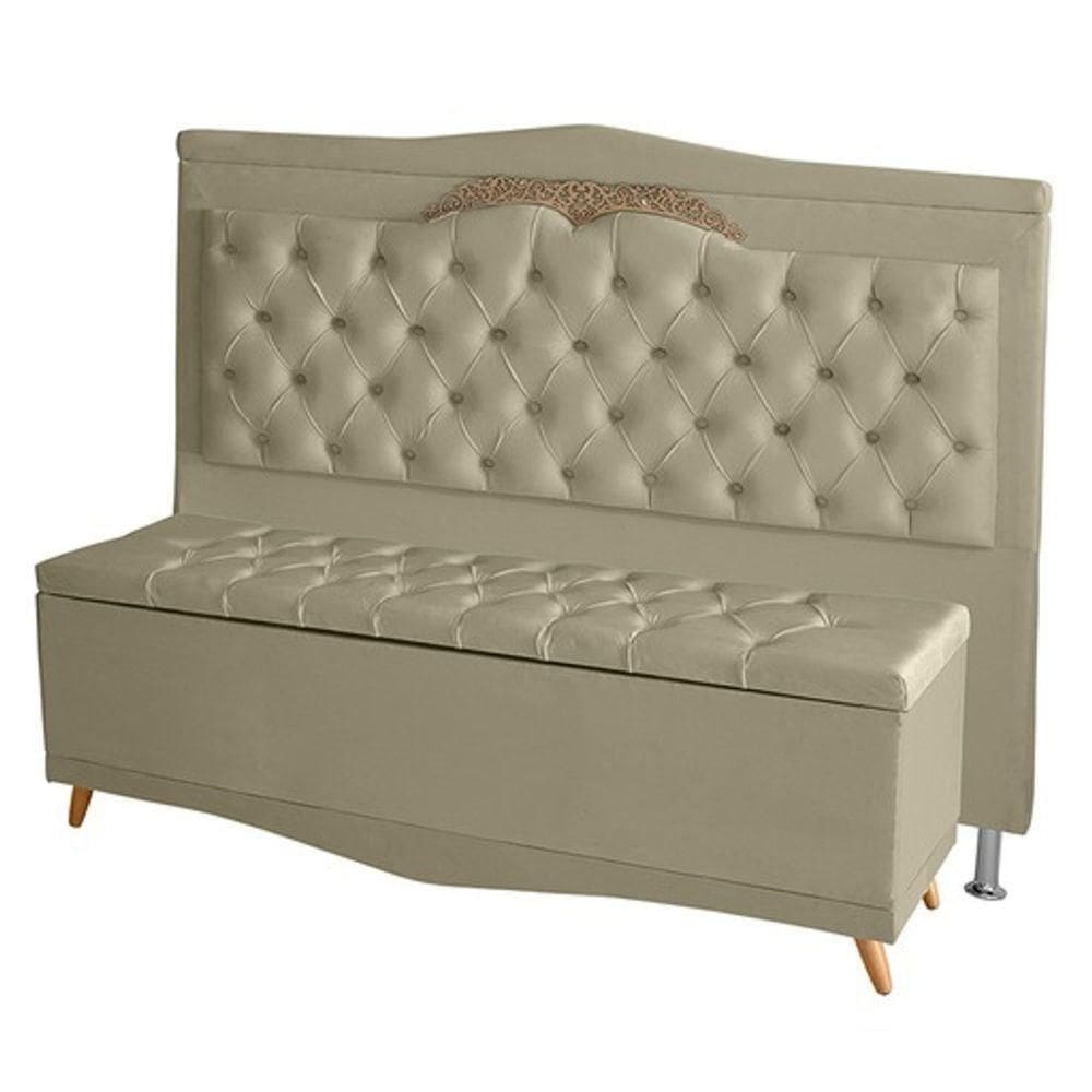 Kit Cabeceira De Cama Box E Calçadeira Baú Madri Casal 140 Cm Suede Bege Eli Móveis E Decoração