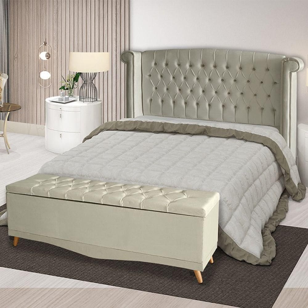 Kit Cabeceira De Cama Box E Calçadeira Baú Malibu Casal 140 Cm Suede Porcelana Eli Móveis