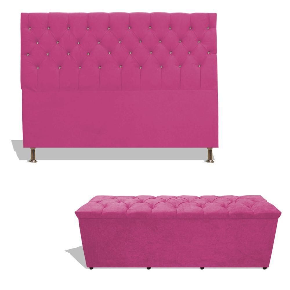 Kit Estrela Cabeceira De Cama Box Casal 140 Cm + Calçadeira Baú Suede Rosa Pink Eli Móveis E Decoração