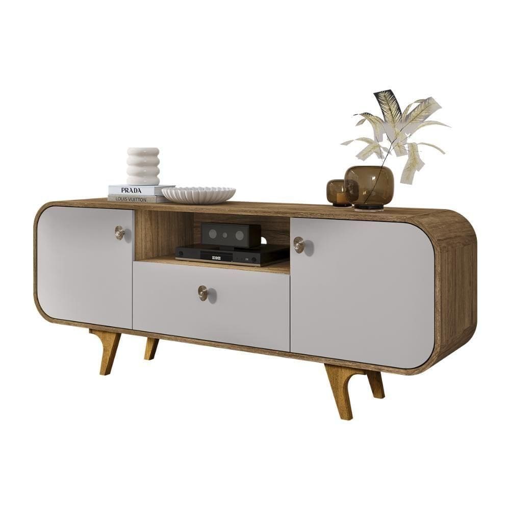 Rack Noronha Tv 55 Polegadas Com Pés De Madeira Maciça Cinamomo/off White Cinamomo/off White