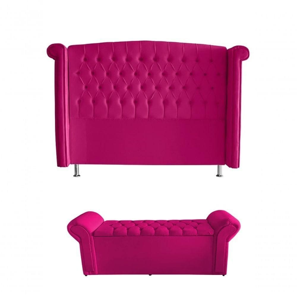 Kit Realeza Cabeceira De Cama Box E Calçadeira Baú King 195 Cm Suede Rosa Pink Eli Móveis