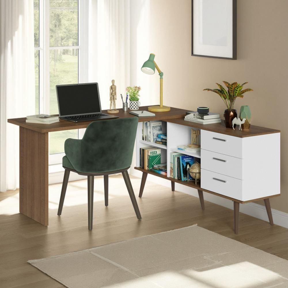 Escrivaninha Mesa De Estudos De Canto 3 Gavetas Branco/rustic Lisboa Madesa