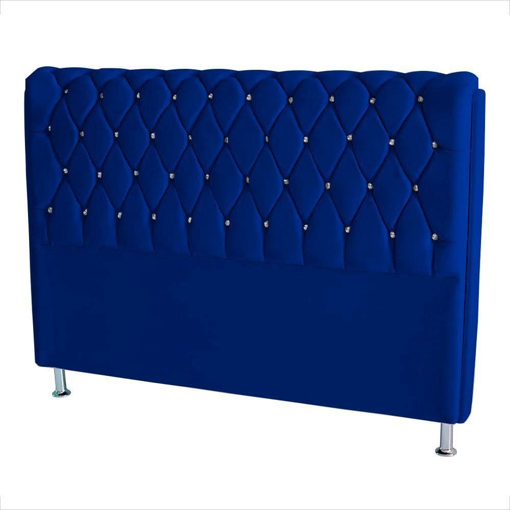 Cabeceira De Cama Box Londres Casal 140 Cm Suede Botão De Strass Azul Royal Eli Móveis E Decoração