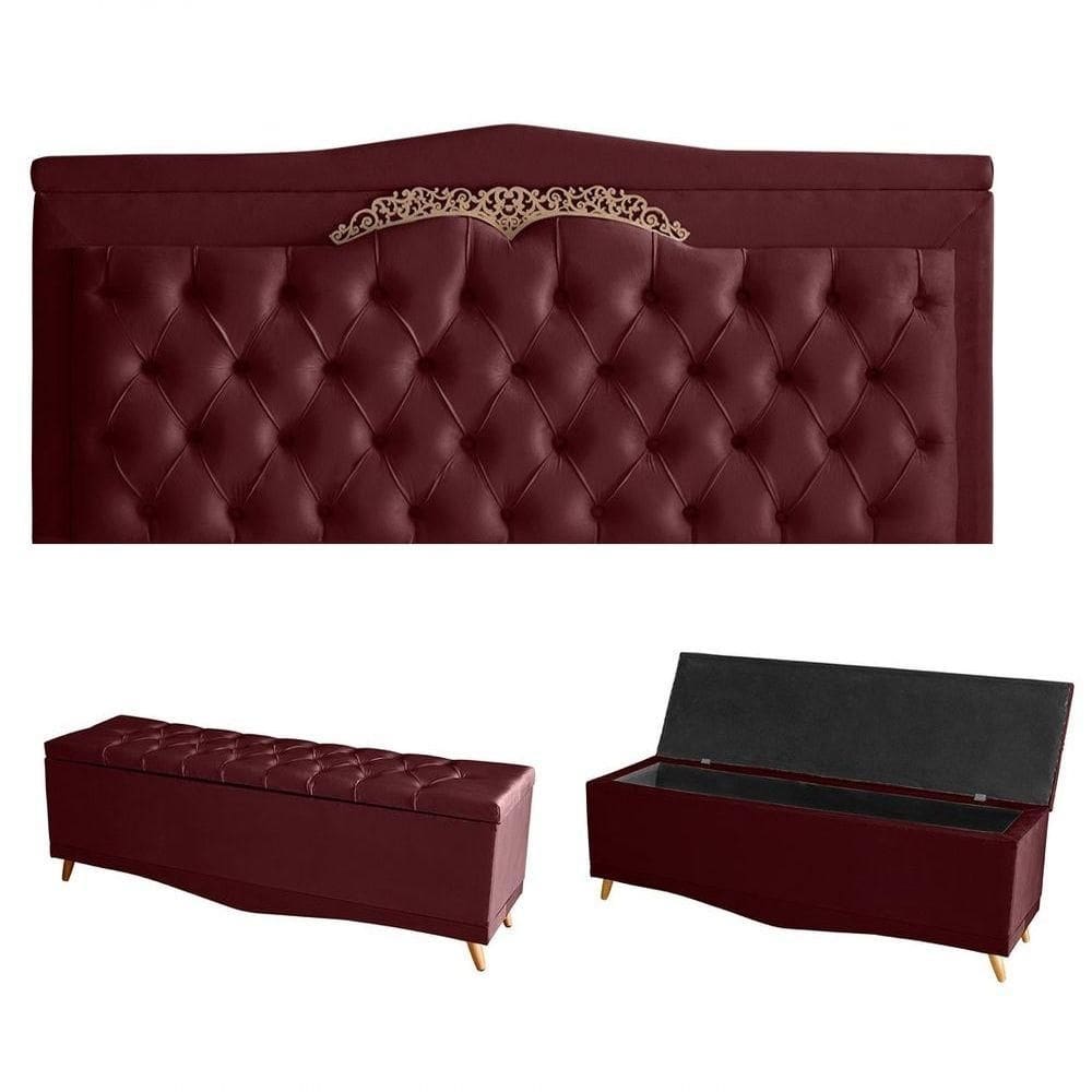 Kit Helena Cabeceira De Cama Painel E Calçadeira Baú Queen 160 Cm Suede Bordo Eli Móveis E Decoração