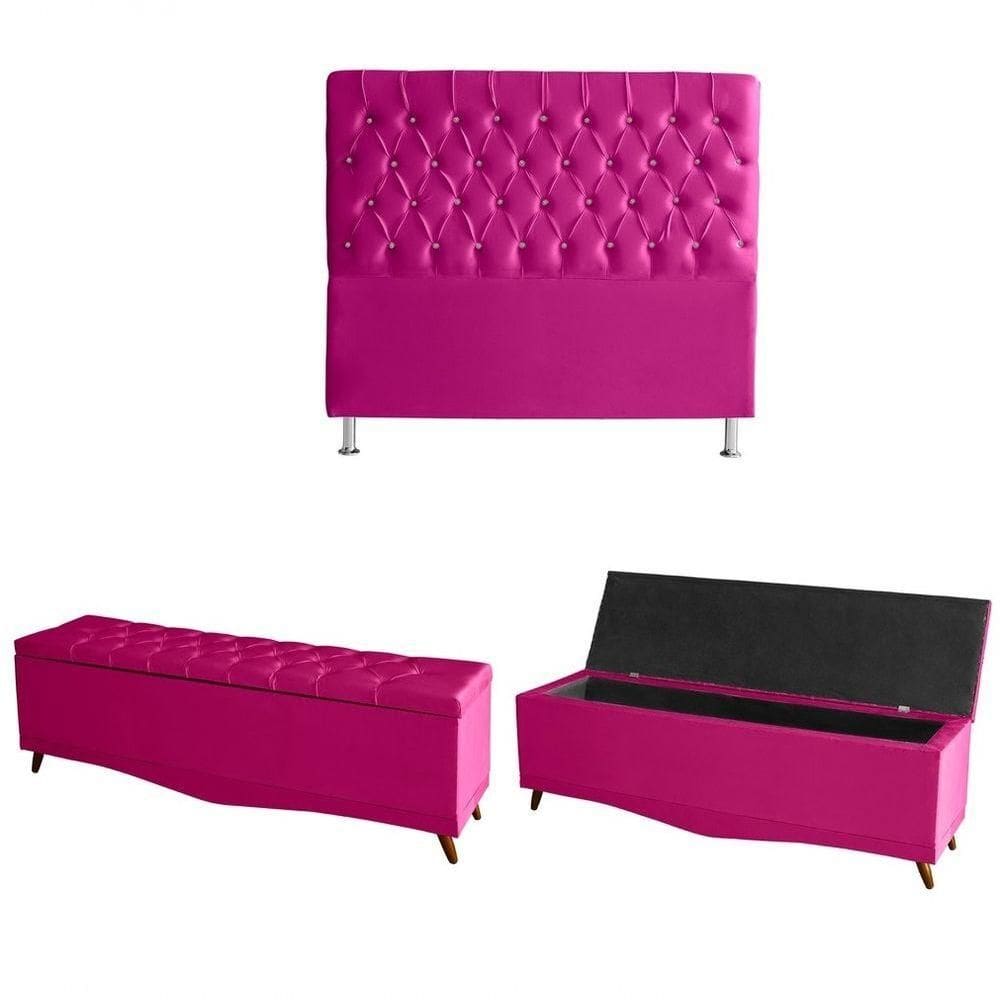 Kit Estrela Cabeceira De Cama Box E Calçadeira Baú Pés Palito Botão Cristal Queen 160 Cm Suede Rosa Pink Eli Móveis