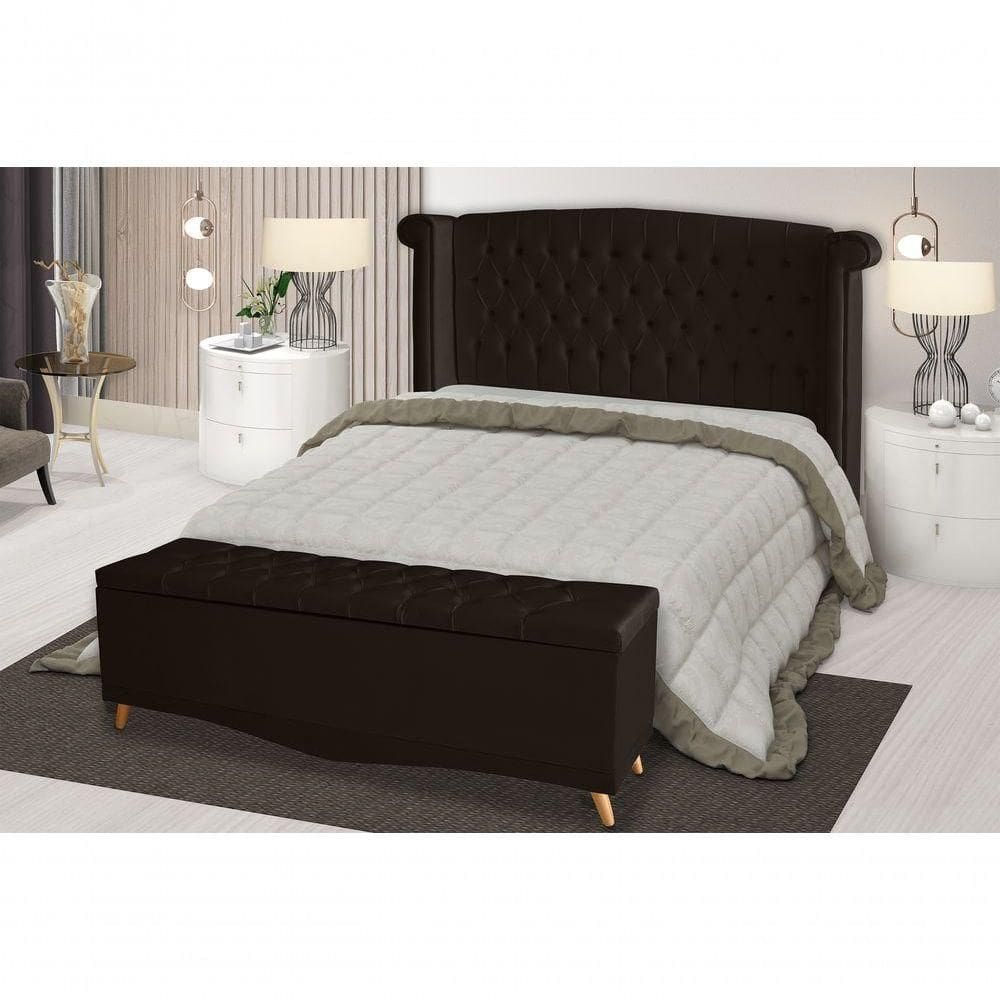 Kit Cabeceira De Cama Box E Calçadeira Baú Malibu Casal 140 Cm Suede Marrom Eli Móveis