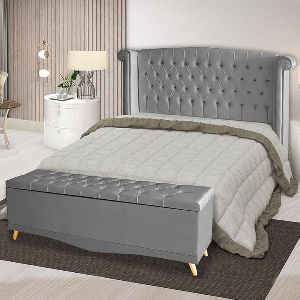 Kit Cabeceira De Cama Box E Calçadeira Baú Malibu Casal 140 Cm Suede Prata Eli Móveis