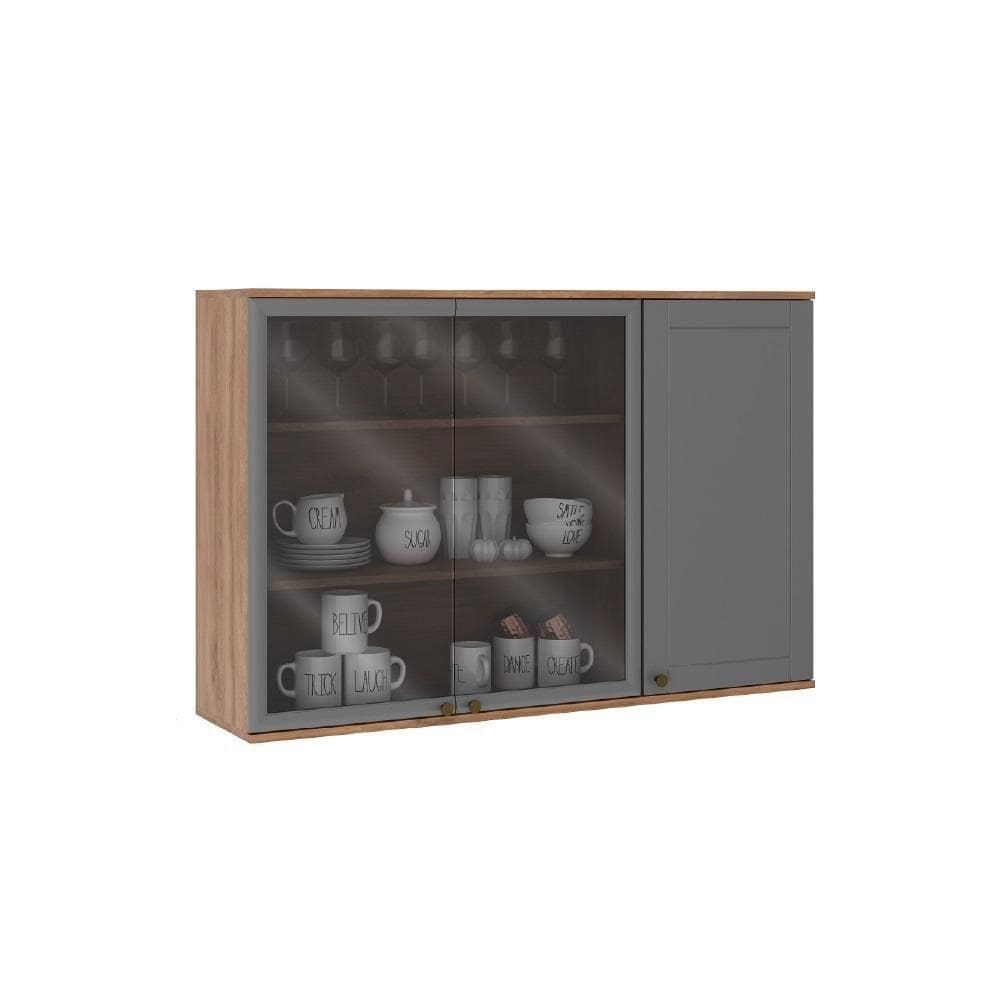 Armário Aéreo Milla Com Portas De Vidro E Nogueira Cinza 120cm Carraro