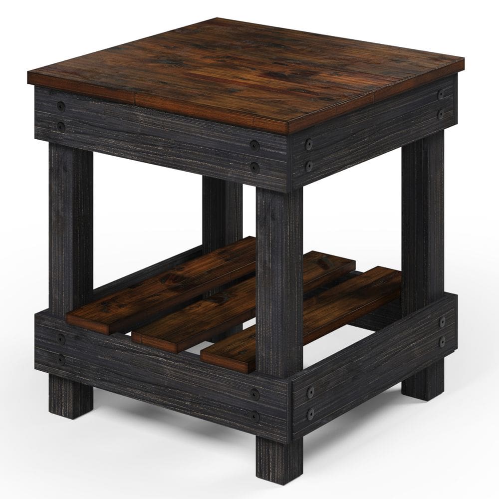 Mesa Lateral de Madeira com Prateleira Walnut Distressado