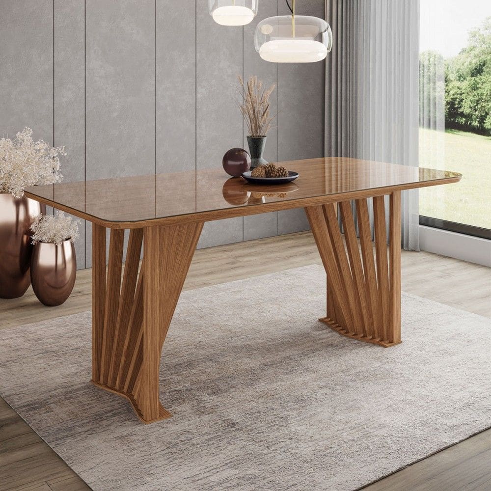 Mesa de Madeira Adriana 200 Cm com Vidro Natural - Henn