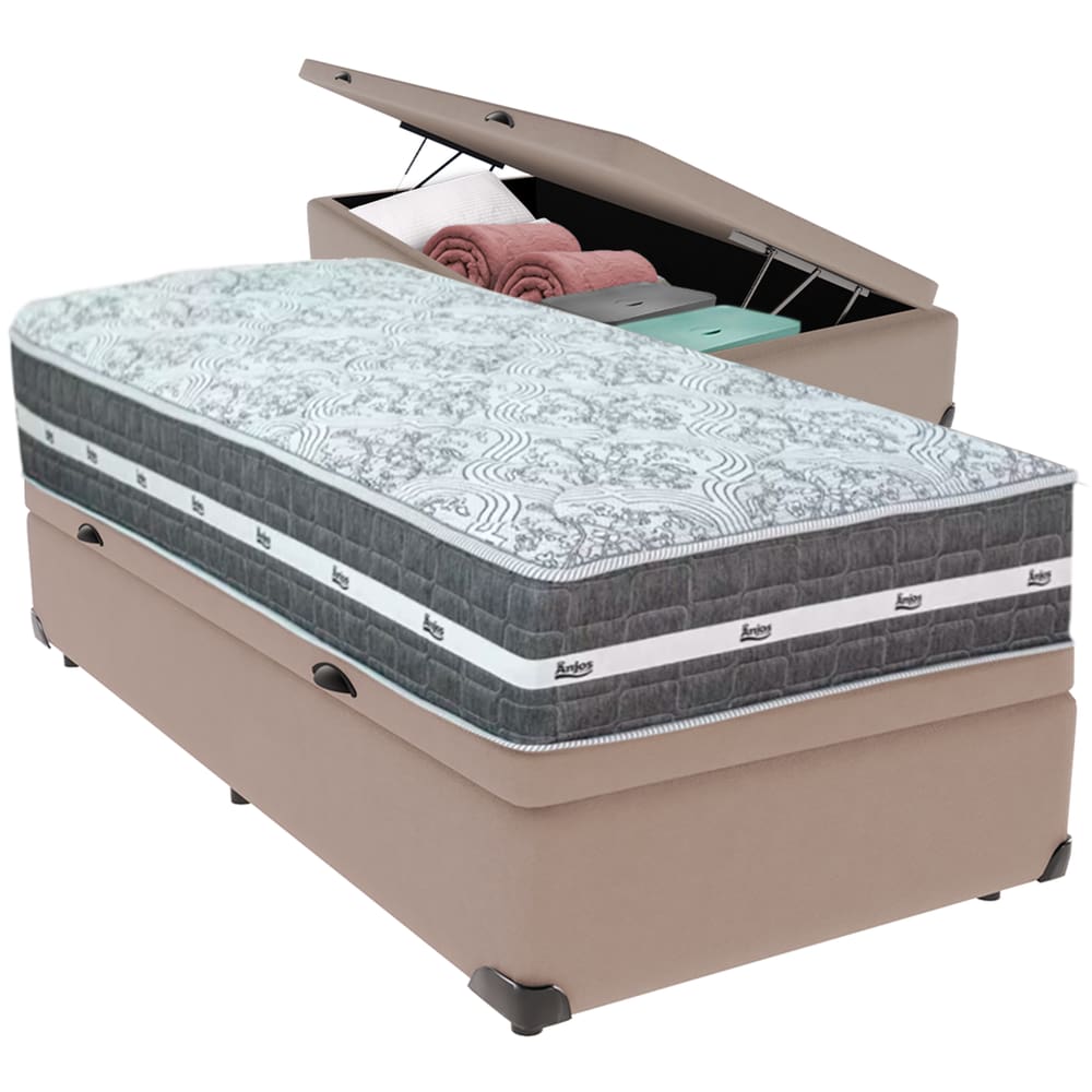 Cama Box Baú Bege e Colchão Black Graphite Molas Ensacadas Solteiro 88x188X27 Anjos