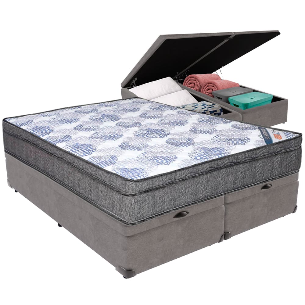 Cama Box Baú Cinza e Colchão ISO Molas Ensacadas Queen Ortobom