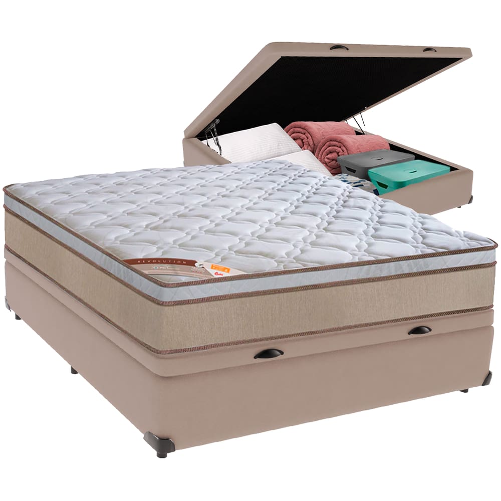 Cama Box Baú Bege e Colchão Revolution Tecnopedic Molas Casal Castor