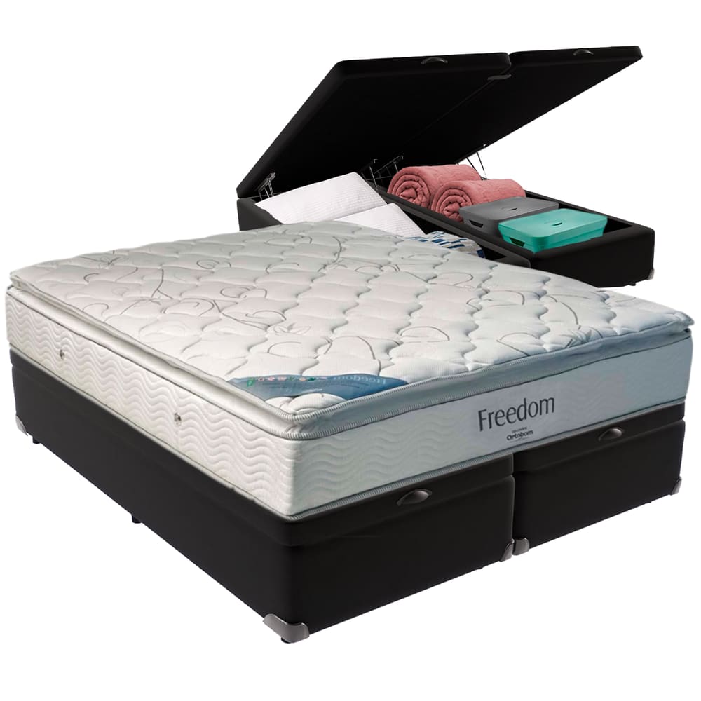 Cama Box Baú Preto e Colchão Freedom Molas Ensacadas Queen Ortobom