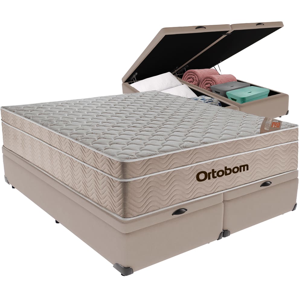 Cama Box Baú Bege e Colchão Airtech Spring Molas Ensacadas Queen Ortobom