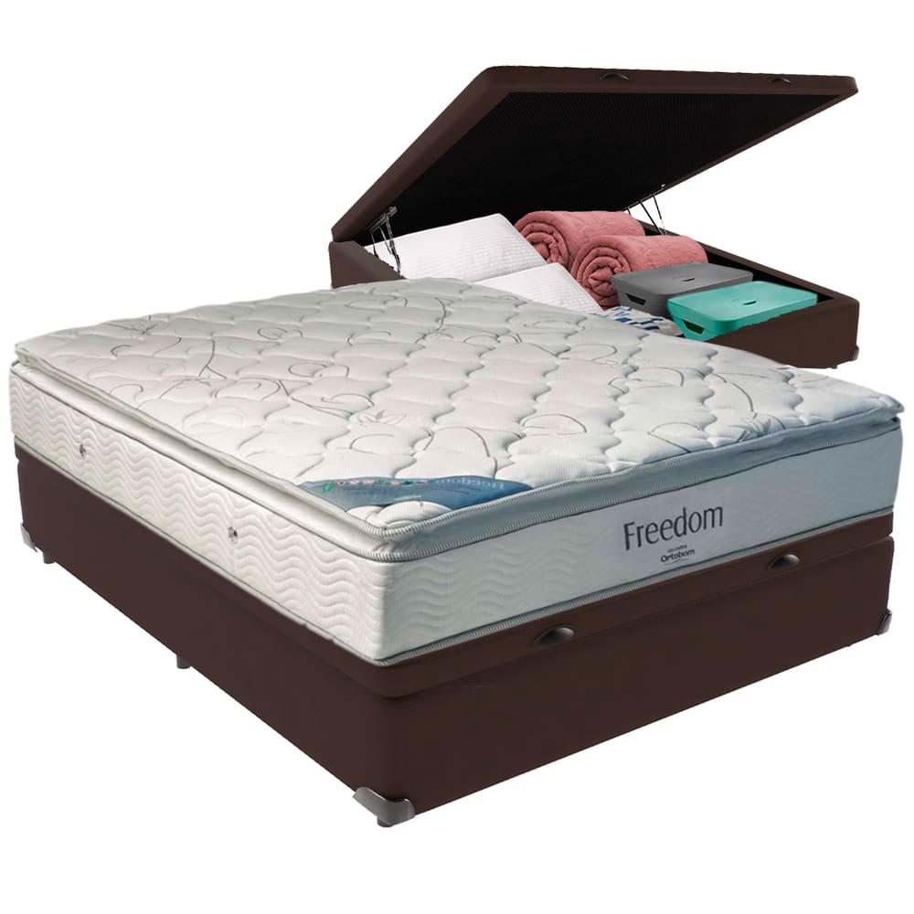 Cama Box com Baú Casal Marrom e Colchão Freedom Ortobom D33