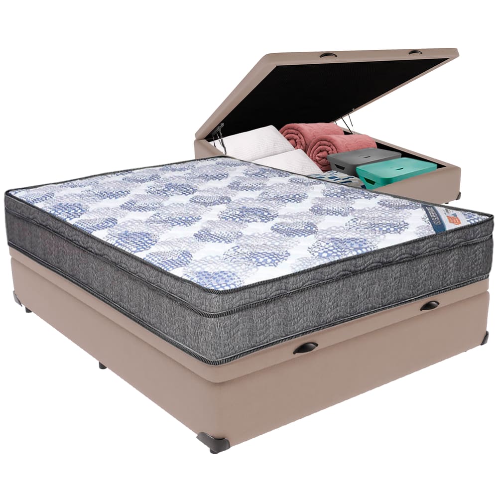 Cama Box Casal Baú Bege Colchão Ortobom Pillow
