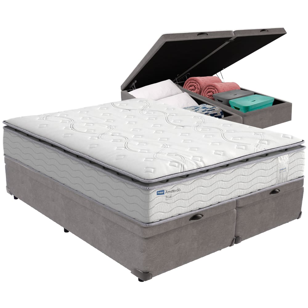 Cama Box Baú Cinza e Colchão Amsterdã Molas Ensacadas Queen Probel