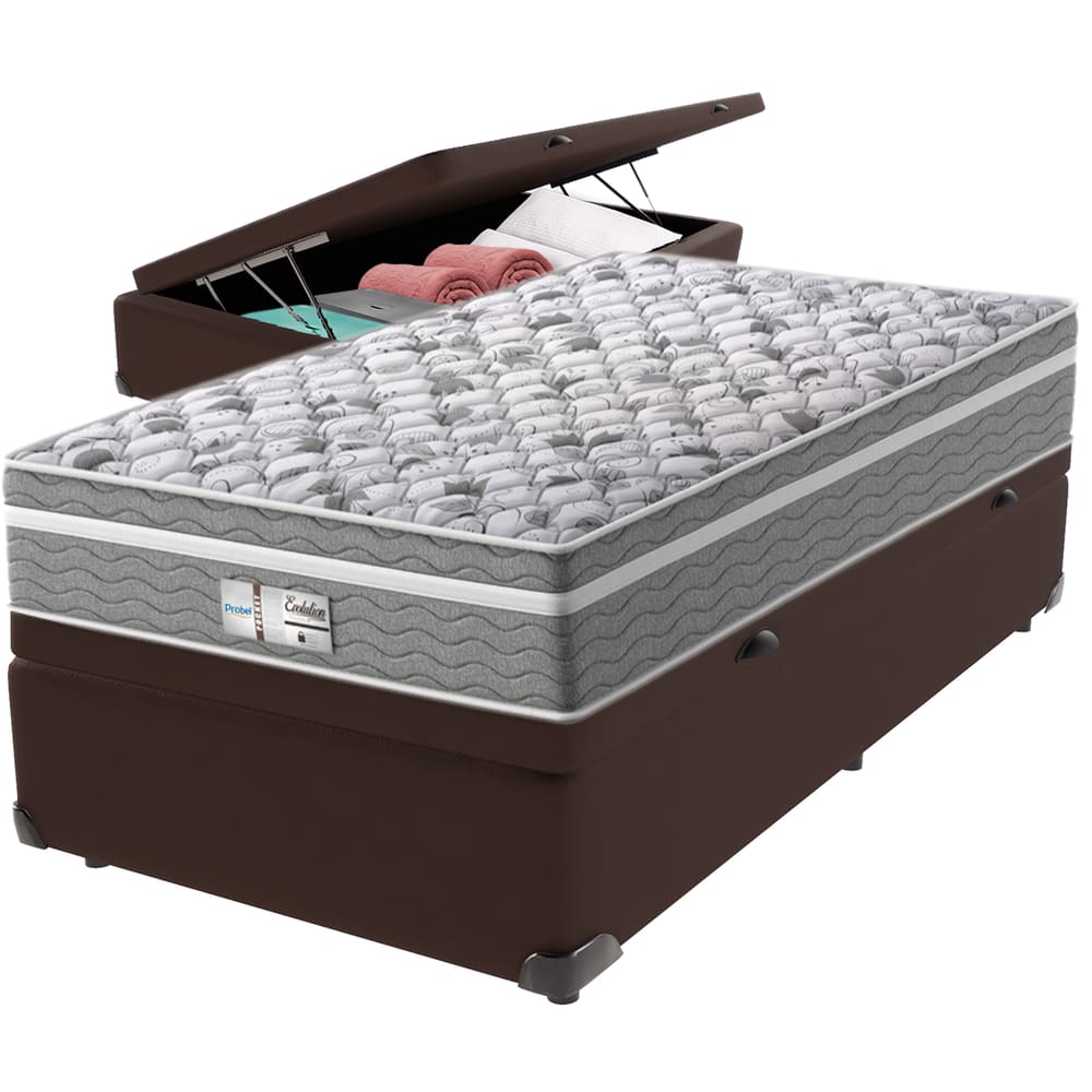 Cama Box Baú Marrom e Colchão Evolution Molas Ensacadas Solteiro Probel