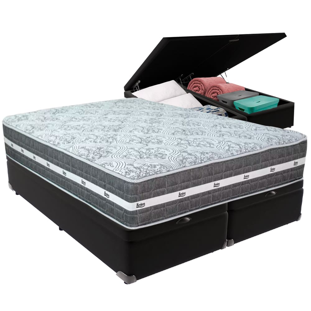 Cama Box Baú Preto e Colchão Black Graphite Molas Ensacadas King 193x203X32 Anjos